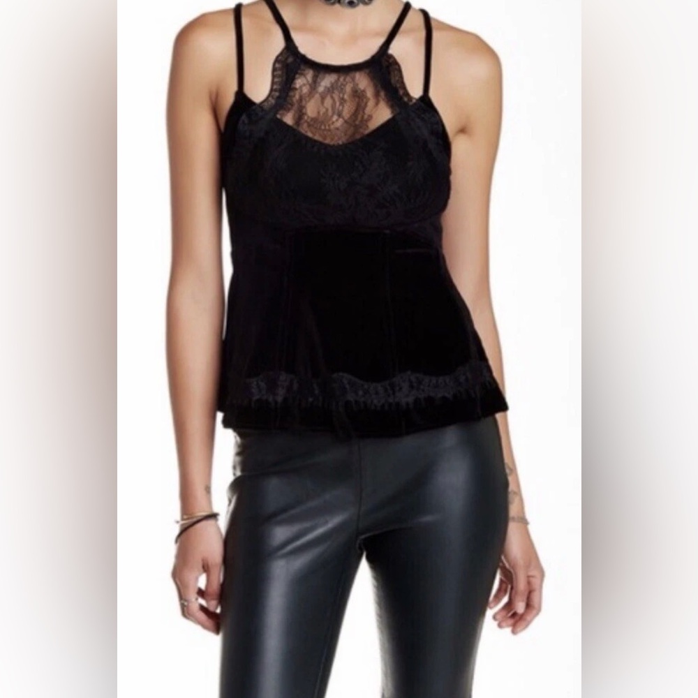 Black Velvet Lace Peplum Camisole Top Double Strap Gothic  Tank Free People